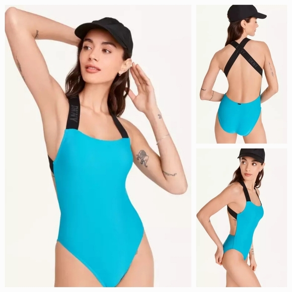 DKNY Women's Logo Cross Back One-Piece Turquoise Swimsuit Size XL NEW - Picture 1 of 9